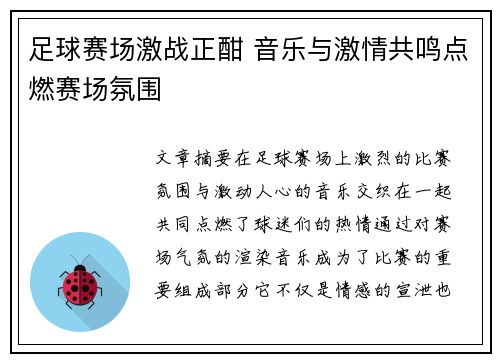 足球赛场激战正酣 音乐与激情共鸣点燃赛场氛围