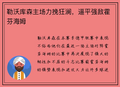 勒沃库森主场力挽狂澜,逼平强敌霍芬海姆
