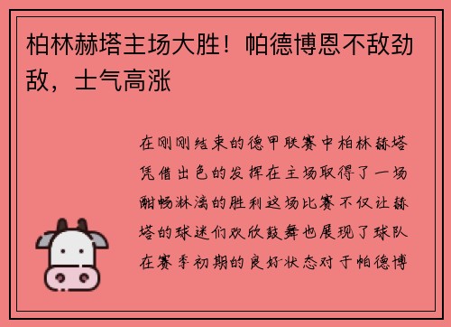 柏林赫塔主场大胜!帕德博恩不敌劲敌,士气高涨