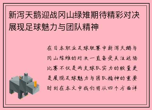 新泻天鹅迎战冈山绿雉期待精彩对决展现足球魅力与团队精神