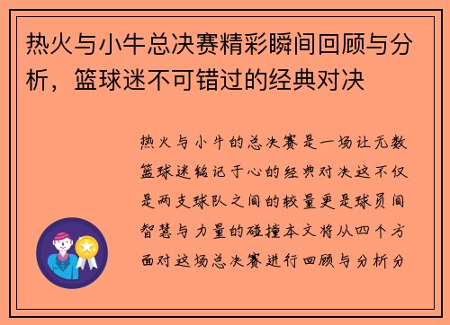 热火与小牛总决赛精彩瞬间回顾与分析，篮球迷不可错过的经典对决