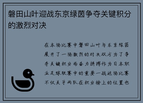 磐田山叶迎战东京绿茵争夺关键积分的激烈对决