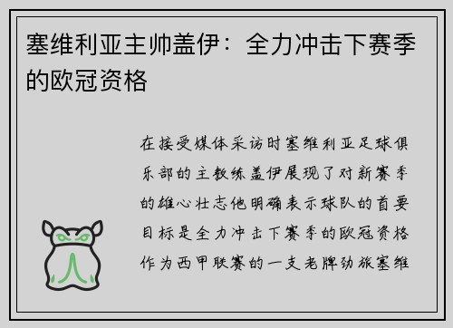 塞维利亚主帅盖伊：全力冲击下赛季的欧冠资格