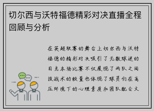 切尔西与沃特福德精彩对决直播全程回顾与分析
