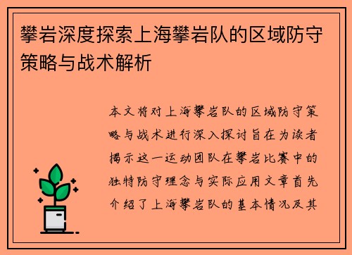 攀岩深度探索上海攀岩队的区域防守策略与战术解析
